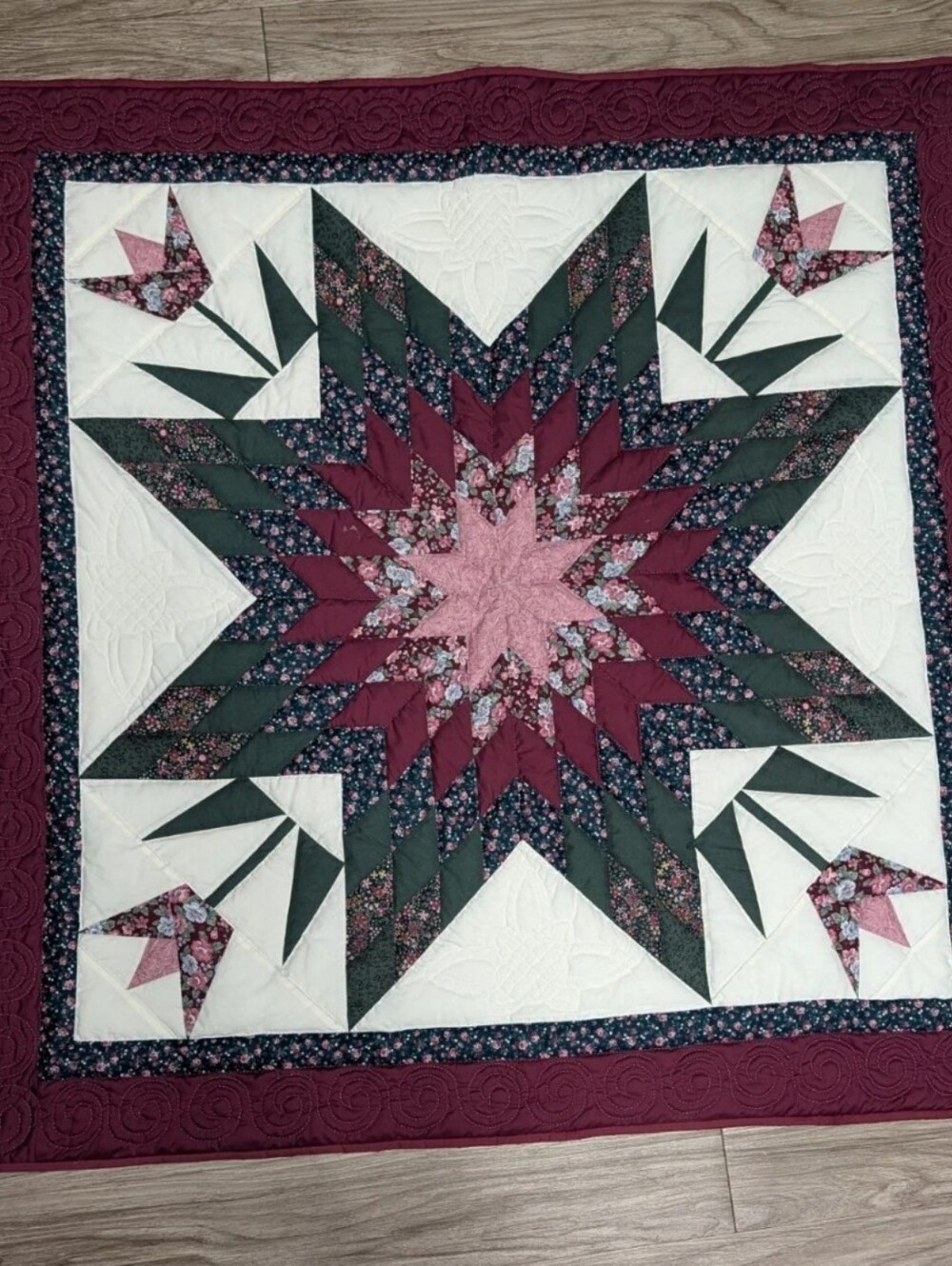 Handmade Lone Star Quilt Star of Beauty Wall Hanging Floral Tulip Quilt 45"x45"